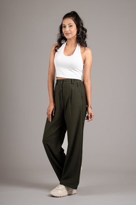 Olive Green High Rise Pleated Trouser