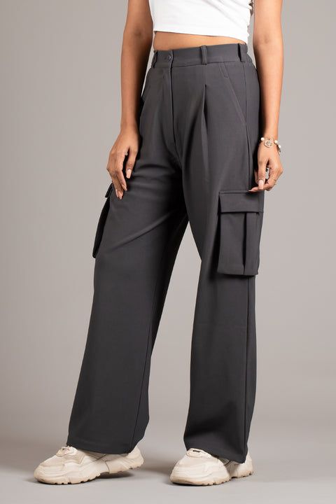 Grey High Rise Pleated Cargo Trouser
