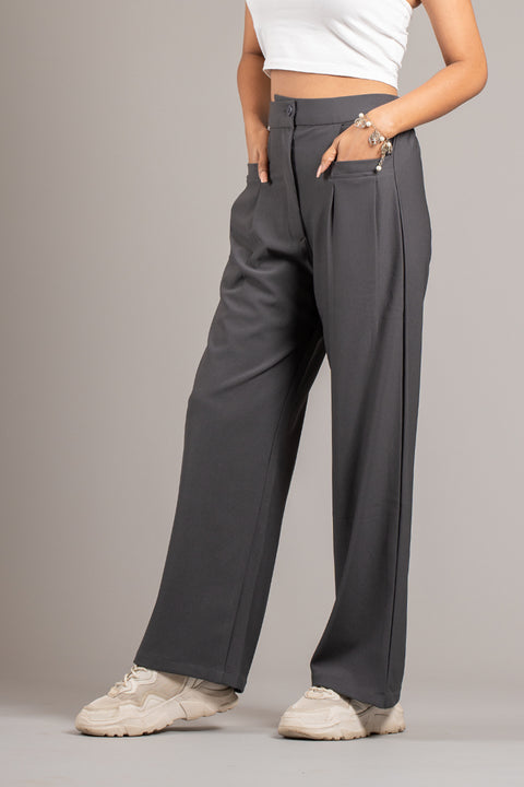 Grey High Rise Pleated Trouser